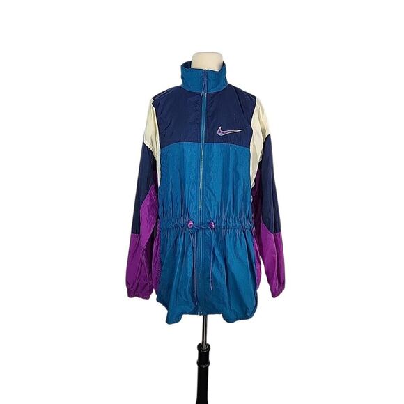 90s Nike Windbreaker Jacket M (10-12) Teal Purple Colorblock BIG Swoosh Track - Picture 7 of 15